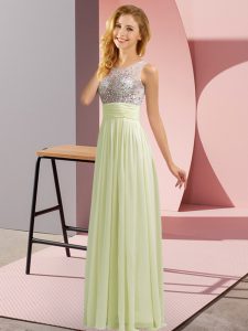 Discount Sleeveless Floor Length Beading Side Zipper Quinceanera Dama Dress with Light Yellow