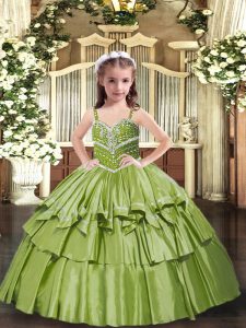 Classical Floor Length Lace Up Little Girls Pageant Dress Olive Green for Party and Wedding Party with Beading and Ruffled Layers