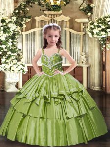 Classical Floor Length Lace Up Little Girls Pageant Dress Olive Green for Party and Wedding Party with Beading and Ruffled Layers