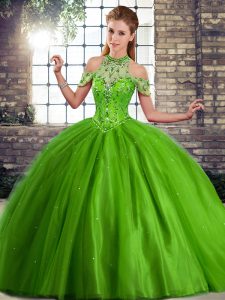 Custom Made Green Ball Gowns Halter Top Sleeveless Tulle Brush Train Lace Up Beading Quinceanera Dress