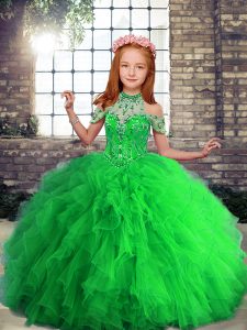 Fancy Ball Gowns Tulle High-neck Sleeveless Beading and Ruffles Floor Length Lace Up Custom Made Pageant Dress