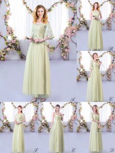 Sophisticated Yellow Green Half Sleeves Lace and Belt Floor Length Quinceanera Dama Dress