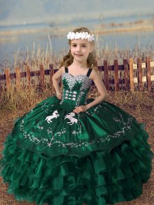 Best Dark Green Straps Neckline Embroidery and Ruffled Layers Little Girl Pageant Gowns Sleeveless Lace Up