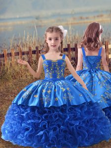 Blue Straps Neckline Embroidery Pageant Dress Toddler Sleeveless Lace Up