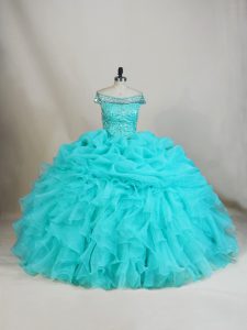 Extravagant Ball Gowns Sweet 16 Dresses Aqua Blue Off The Shoulder Organza Sleeveless Floor Length Lace Up