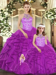 Fitting Floor Length Purple Vestidos de Quinceanera Tulle Sleeveless Beading and Ruffles