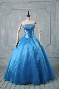 Baby Blue Ball Gowns Strapless Sleeveless Organza Floor Length Lace Up Beading and Sequins Quinceanera Gown