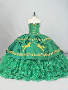 Green Lace Up Sweet 16 Quinceanera Dress Embroidery and Ruffled Layers Sleeveless Brush Train