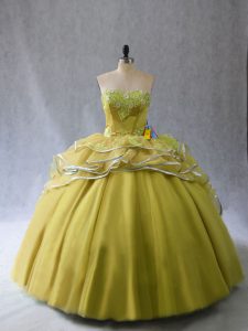 Custom Made Olive Green Ball Gowns Tulle Sweetheart Sleeveless Appliques and Ruffles Lace Up Sweet 16 Dresses Brush Train