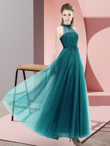 Wonderful Empire Dama Dress for Quinceanera Teal Halter Top Tulle Sleeveless Floor Length Lace Up