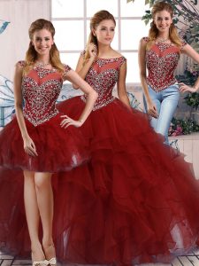 Lovely Sleeveless Organza Floor Length Zipper Sweet 16 Dresses in Burgundy with Beading and Ruffles