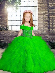 Straps Sleeveless Child Pageant Dress Floor Length Beading and Ruffles Green Tulle
