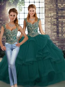 Straps Sleeveless Tulle Quinceanera Dress Beading and Ruffles Lace Up