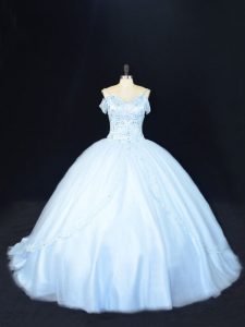 Lace Up Quinceanera Dresses Blue for Sweet 16 and Quinceanera with Beading Court Train