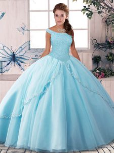 Ideal Off The Shoulder Sleeveless Brush Train Lace Up 15th Birthday Dress Light Blue Tulle