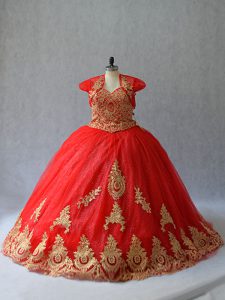 High Quality Sweetheart Sleeveless Tulle Sweet 16 Dresses Beading and Appliques Court Train Lace Up