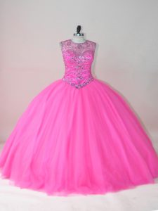 Delicate Rose Pink Lace Up Scoop Beading 15th Birthday Dress Tulle Sleeveless