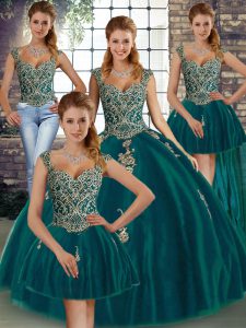 Pretty Floor Length Lace Up Sweet 16 Dress Peacock Green for Military Ball and Sweet 16 and Quinceanera with Beading and Appliques