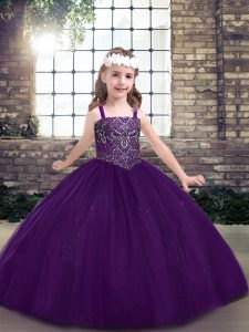 Ball Gowns Kids Formal Wear Eggplant Purple Straps Tulle Sleeveless Floor Length Lace Up