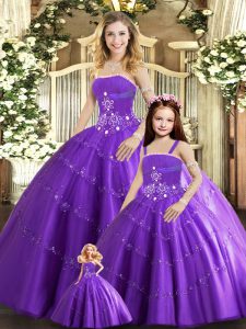 Trendy Purple Strapless Lace Up Beading Quince Ball Gowns Sleeveless