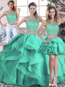 Modern Floor Length Turquoise Quinceanera Gowns Tulle Sleeveless Beading and Ruffles
