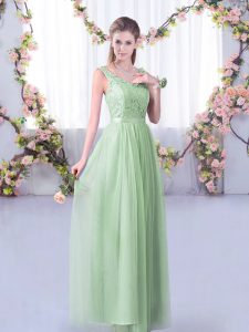 Sleeveless Tulle Floor Length Side Zipper Quinceanera Dama Dress in Apple Green with Lace and Belt
