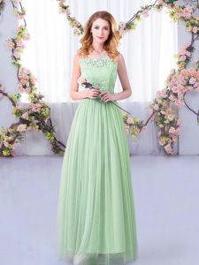 Apple Green Scoop Neckline Lace and Belt Damas Dress Sleeveless Side Zipper