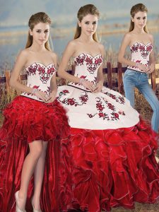 Sweetheart Sleeveless Quince Ball Gowns Floor Length Embroidery and Ruffles and Bowknot White And Red Organza