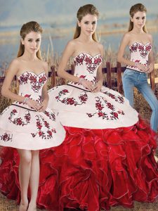 Decent White And Red Quinceanera Dress Military Ball and Sweet 16 and Quinceanera with Embroidery and Ruffles and Bowknot Sweetheart Sleeveless Lace Up