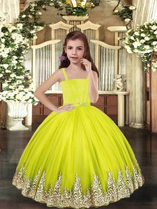 Popular Yellow Green Straps Neckline Embroidery Girls Pageant Dresses Sleeveless Lace Up