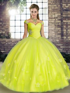 Floor Length Yellow Green Quinceanera Dress Tulle Sleeveless Beading and Appliques