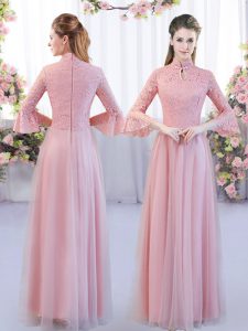 Fitting Tulle High-neck 3 4 Length Sleeve Zipper Lace Court Dresses for Sweet 16 in Pink