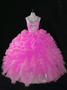 Pretty Straps Sleeveless Quinceanera Gowns Floor Length Beading and Ruffles and Pick Ups Rose Pink Organza