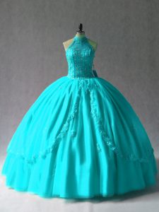 Fantastic Sleeveless Tulle Floor Length Lace Up Sweet 16 Quinceanera Dress in Aqua Blue with Appliques