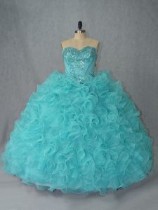 Custom Designed Aqua Blue Quinceanera Gown Sweet 16 and Quinceanera with Beading and Ruffles Sweetheart Sleeveless Lace Up