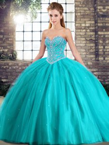 Fitting Aqua Blue Sleeveless Tulle Brush Train Lace Up Quince Ball Gowns for Military Ball and Sweet 16 and Quinceanera