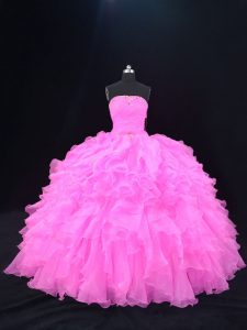 Delicate Pink and Rose Pink Ball Gowns Strapless Sleeveless Organza Floor Length Lace Up Beading and Ruffles Vestidos de Quinceanera