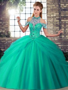 Turquoise Sweet 16 Quinceanera Dress Military Ball and Sweet 16 and Quinceanera with Beading and Pick Ups Halter Top Sleeveless Brush Train Lace Up