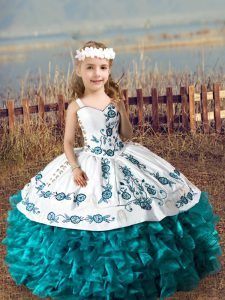 Luxurious Teal Lace Up Pageant Gowns For Girls Embroidery and Ruffles Sleeveless Floor Length