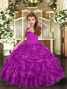 Ball Gowns Girls Pageant Dresses Fuchsia Straps Organza Sleeveless Floor Length Lace Up