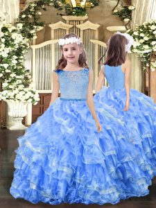 Pretty Blue Girls Pageant Dresses Party and Sweet 16 and Wedding Party with Beading and Ruffles Scoop Sleeveless Zipper