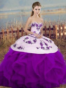 Floor Length Lace Up Quinceanera Dress White And Purple for Military Ball and Sweet 16 and Quinceanera with Embroidery and Ruffles and Bowknot