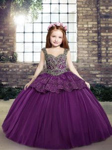 Floor Length Eggplant Purple Kids Pageant Dress Sleeveless Beading and Appliques