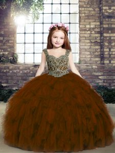 Fashion Ball Gowns Kids Formal Wear Brown Straps Tulle Sleeveless Floor Length Lace Up
