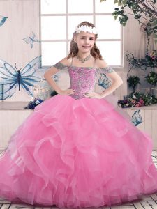 Lilac Ball Gowns Beading Little Girl Pageant Gowns Lace Up Tulle Sleeveless Floor Length