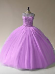 Sleeveless Floor Length Beading Lace Up Quinceanera Dresses with Lilac