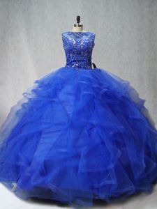 Delicate Royal Blue Ball Gowns Scoop Sleeveless Tulle Brush Train Lace Up Beading and Ruffles 15th Birthday Dress