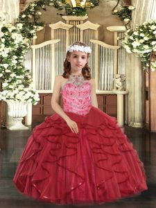 Red Ball Gowns Beading and Ruffles Little Girl Pageant Gowns Lace Up Tulle Sleeveless Floor Length