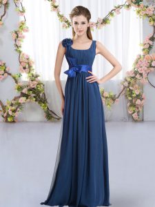 Navy Blue Empire Straps Sleeveless Chiffon Floor Length Zipper Belt and Hand Made Flower Court Dresses for Sweet 16