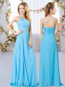 Artistic Aqua Blue Empire One Shoulder Sleeveless Chiffon Floor Length Zipper Beading Dama Dress for Quinceanera